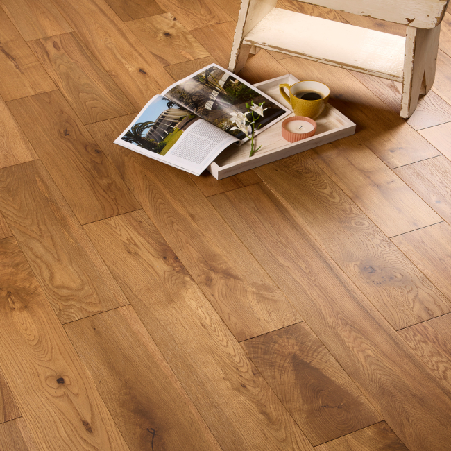 Light smoked oak 150 mm wide lacquered 18mm solid wood flooring