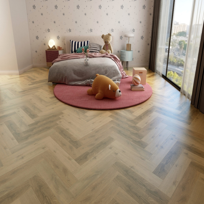 Natural oak herringbone 5mm SPC LVT Click flooring. **Built in underlay**